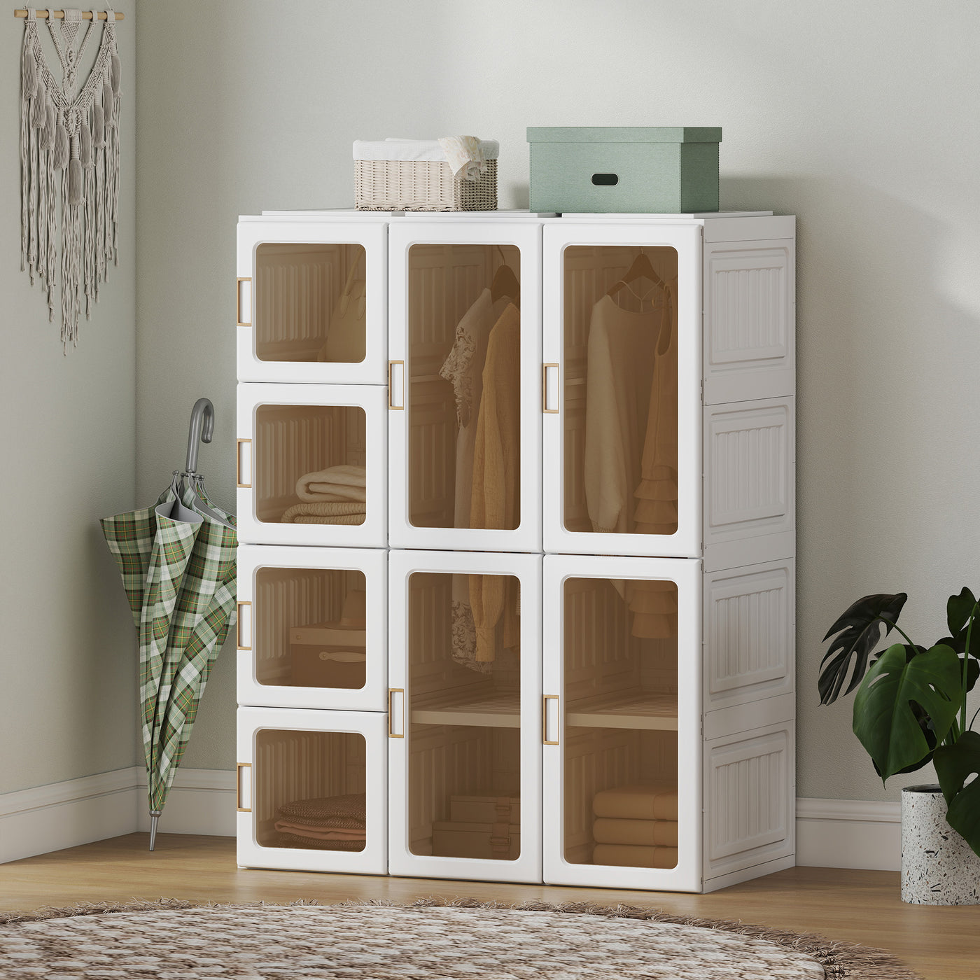 Portable Wardrobe, Foldable Plastic Closet with 8 Compartments, 2 Hanging Rods and Magnetic Clear Doors, Brown