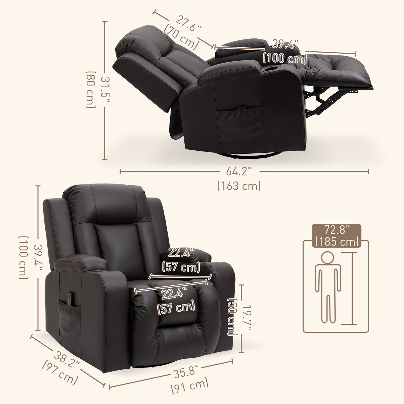 Swivel Massage Recliner Chair Rocker, Overstuffed Manual Reclining Sofa, PU Leather Rocking Chair with Side Pockets, Cup Holders, for Living Room, Nursery, Brown