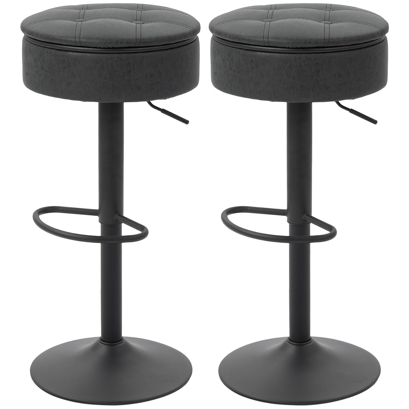 Set of 2 Barstools with Storage, Swivel Bar Stools with PU Leather Upholstered, Footrest, Steel Base, Black