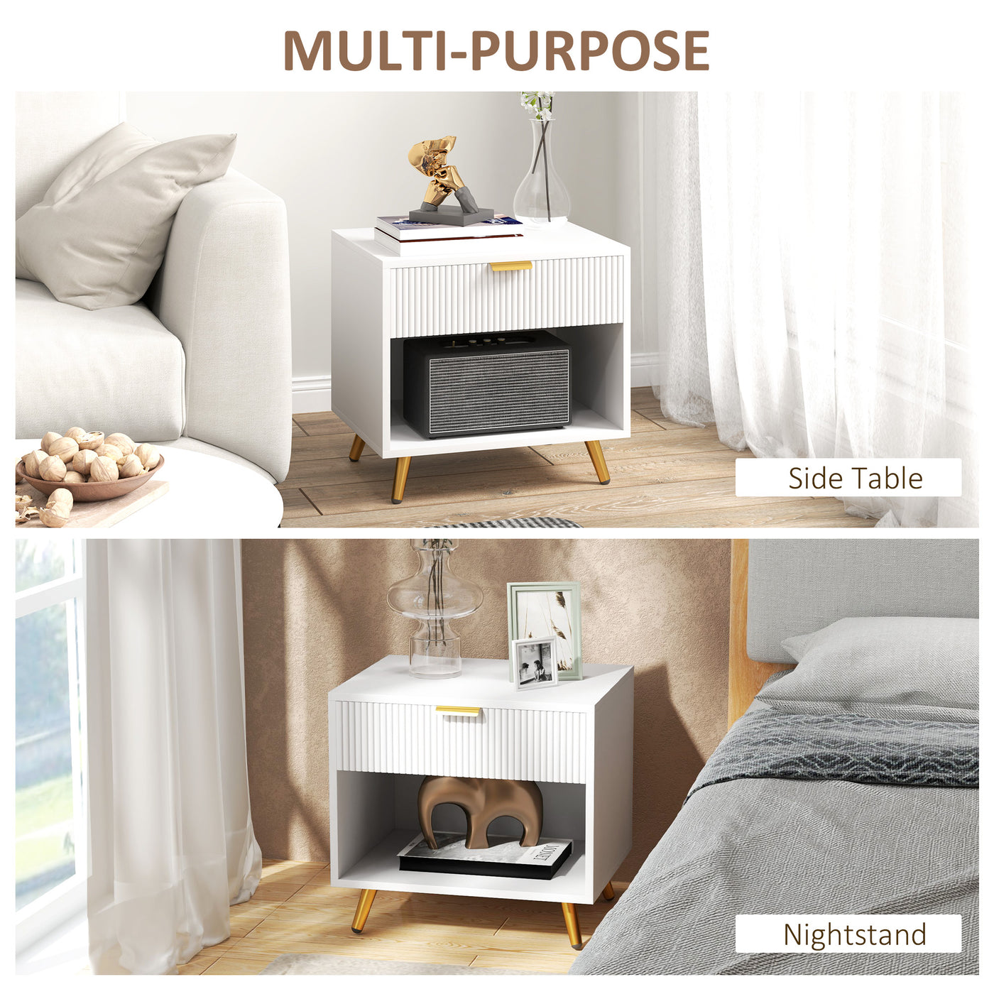 Nightstand with Fluted Panel, Bedside Table with Drawer and Open Compartment, Modern Night Table for Bedroom, White