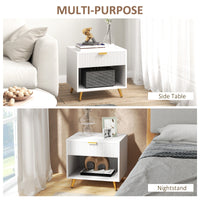 Nightstand with Fluted Panel, Bedside Table with Drawer and Open Compartment, Modern Night Table for Bedroom, White
