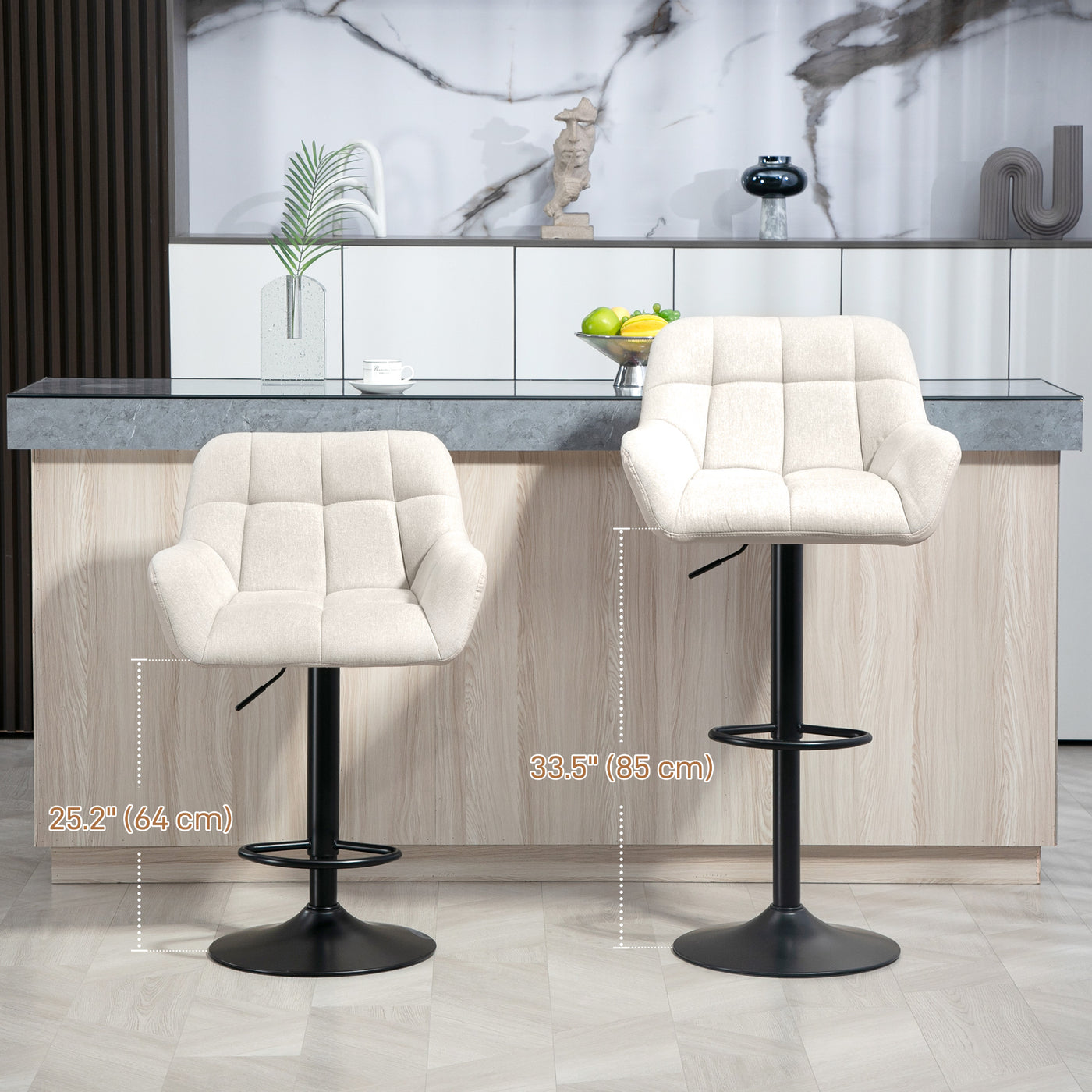 Swivel Barstools Set of 2 Adjustable Bar Stools with Footrest Armrests and PU Leather Back for Dining Room Cream White