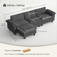 Sectional Sofa, L Shaped Sofa with Deep Seat, Movable Ottoman and Pillow-top Armrests, Dark Grey
