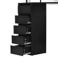 Corner Vanity Desk with Mirror, Makeup Vanity Table with 5 Drawers and Open Shelves, Dressing Table with 3-piece Mirror for Bedroom, Black
