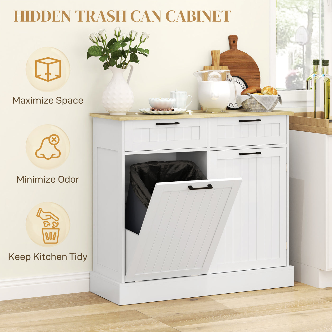 Hidden Garbage Bin Cabinet, Tilt Out Trash Cabinet w/ 2 Drawers, Freestanding Kitchen Island for Laundry, White