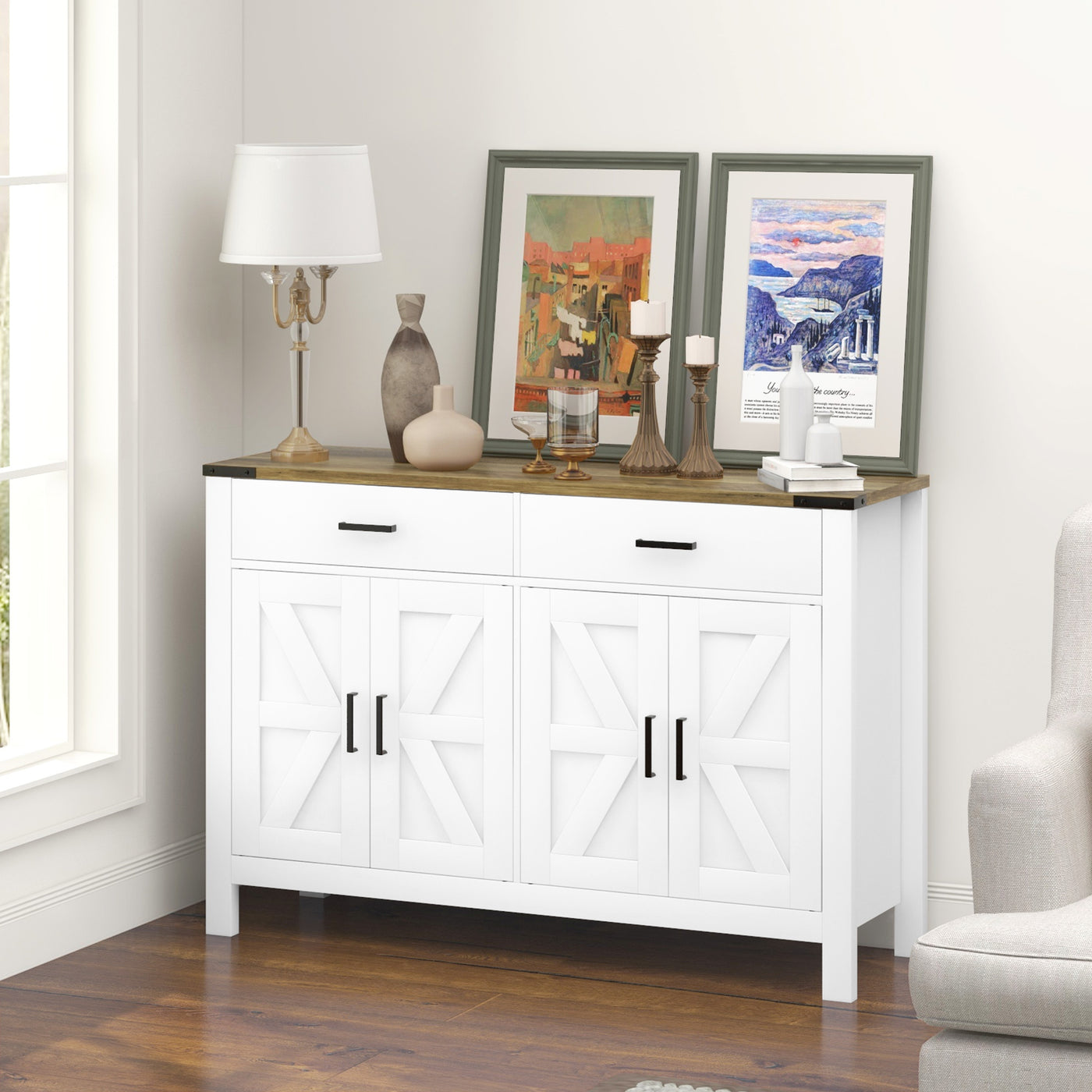 Sideboard Buffet Cabinet, Farmhouse Kitchen Storage Cabinet w/ 2 Drawers and Shelves for Living Room, Entryway