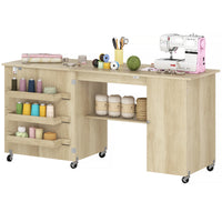 Sewing Machine Table with Drop Leaf, Folding Craft Table with 2 Doors and Adjustable Shelf for Small Spaces, Natural