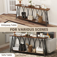 71" Console Table, Industrial 2-Tier Narrow Entryway Table with Metal Frame for Living Room, Hallway, Rustic Brown