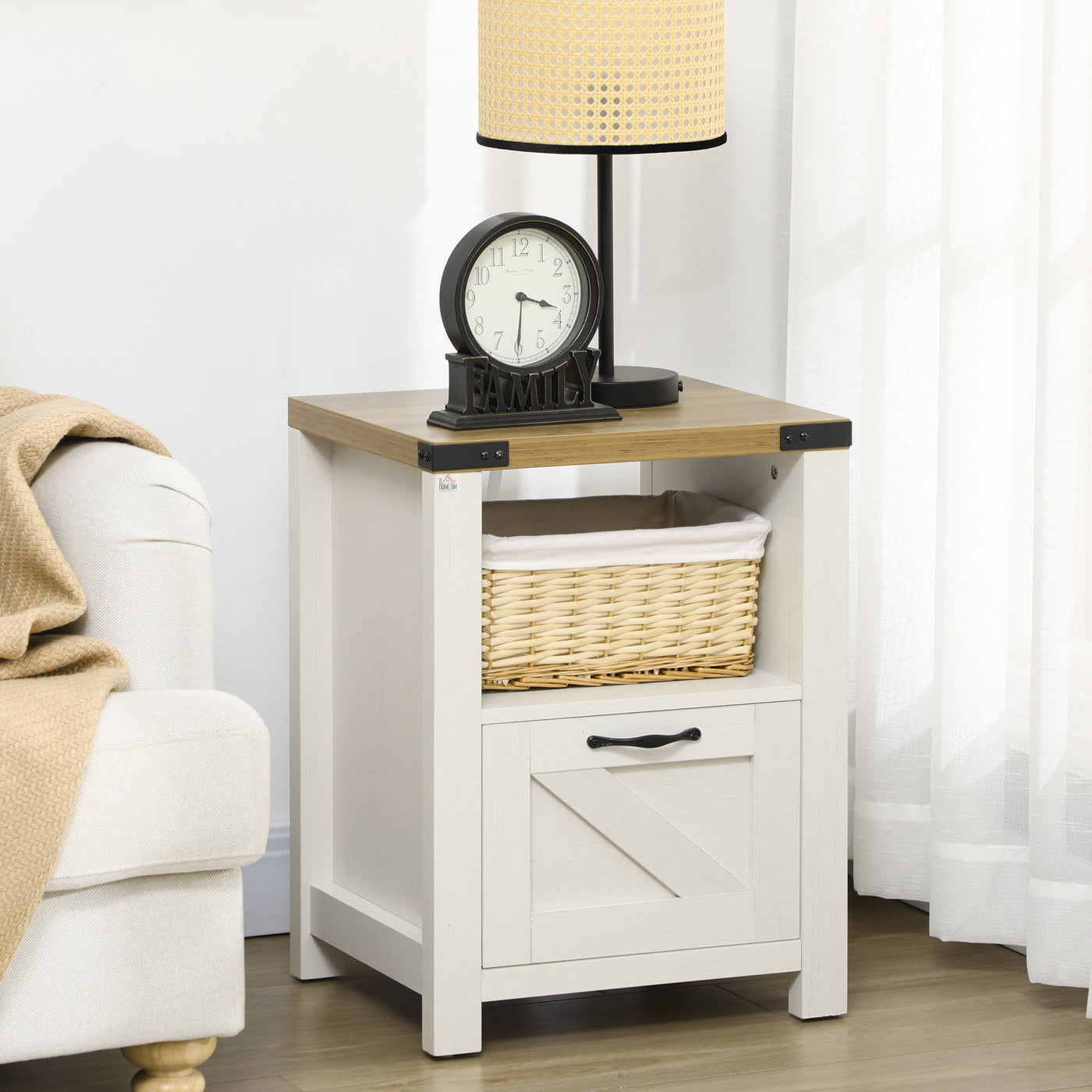 Side Table with Storage, Farmhouse End Table with Drawer, Open Shelf and Barn-style Panel, Nightstand for Living Room, Bedroom, White