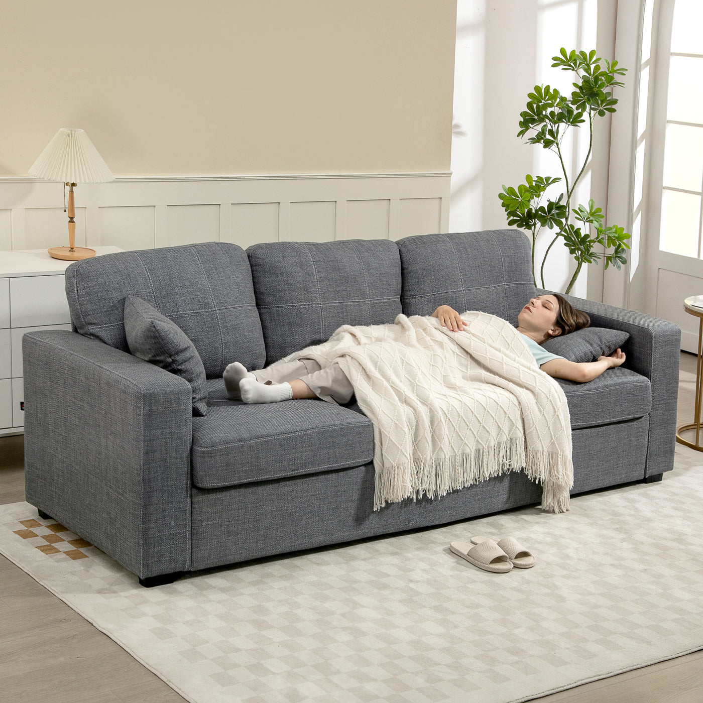 Modern Upholstered Couch, 3 Seater Sofa with Thick Spring Cushions and Deep Seat for Living Room, Dark Grey