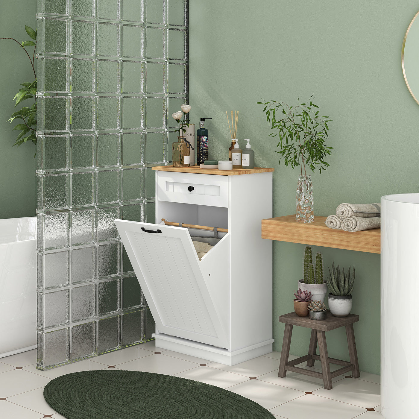 Laundry Cabinet with Removable Basket and Drawer, Tilt-Out Laundry Hamper for Bathroom, Living Room, White