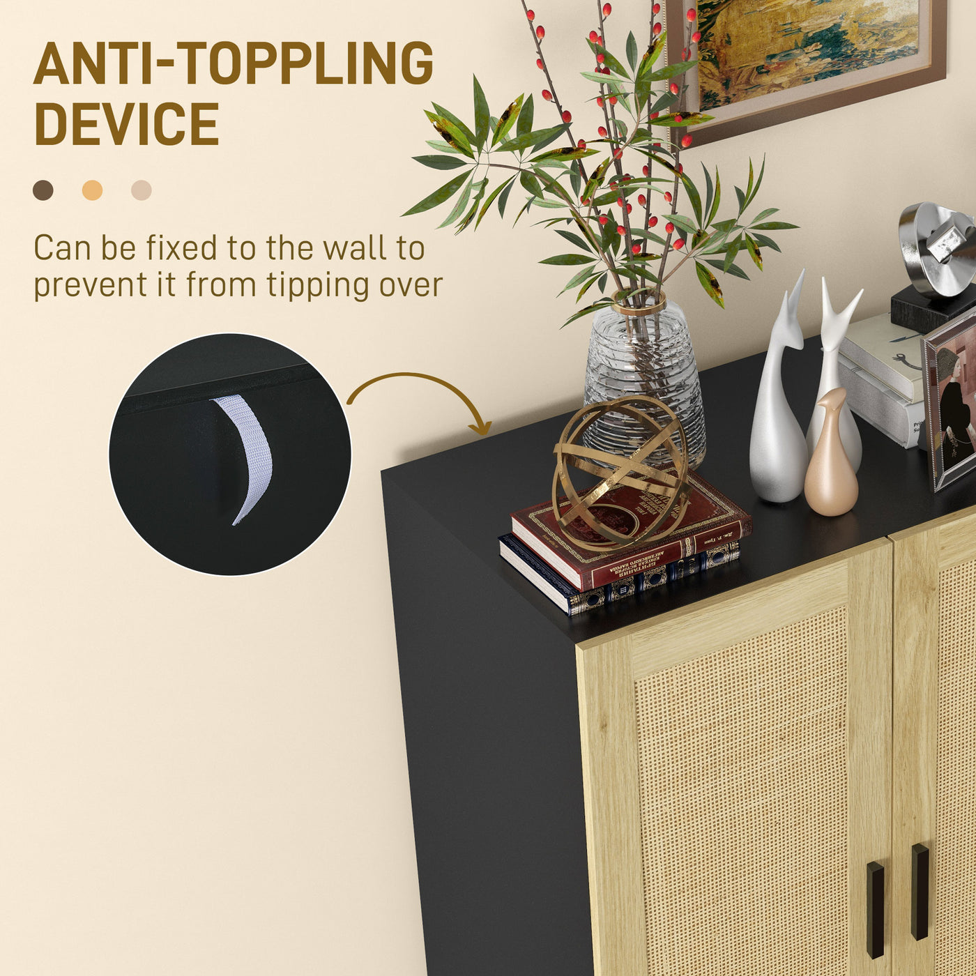 Boho Sideboard, Buffet Cabinet with Storage, Accent Cabinet with 2 Rattan Doors and Adjustable Shelves, Black