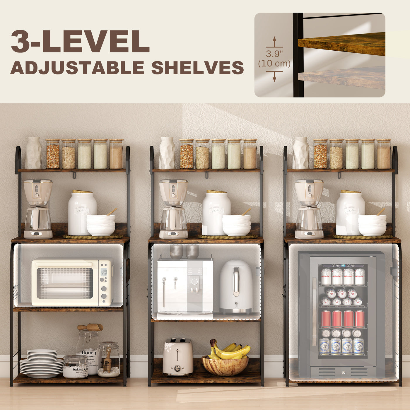 Baker's Rack with Charing Station, Microwave Shelf with Power Outlet, USB Charger and 4 Hooks, Rustic Brown