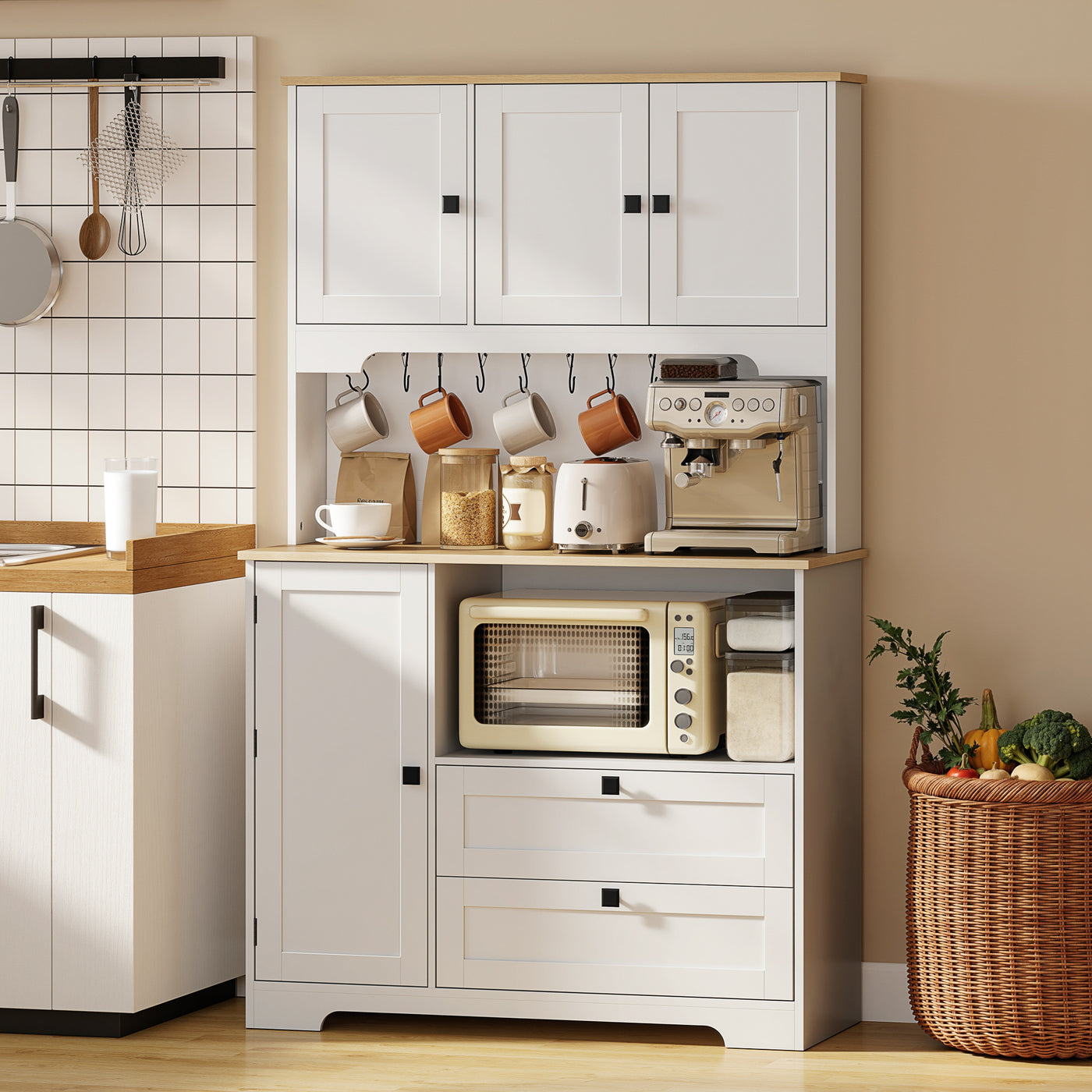 Kitchen Pantry Cabinet, 64" Tall Kitchen Hutch with 3 Cabinets, 2 Drawers, Adjustable Shelves, Microwave Stand, White