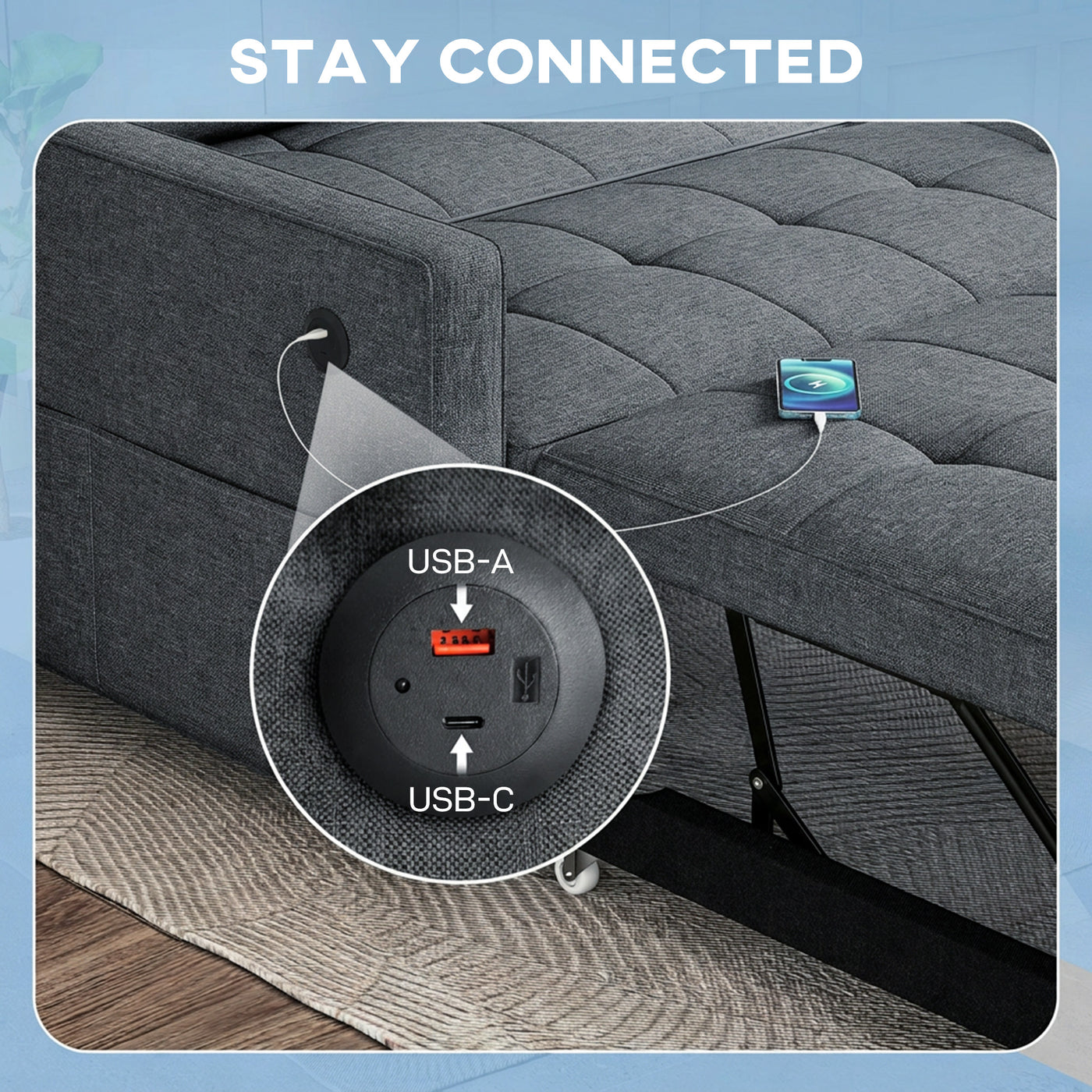 Pull Out Sofa Bed, Sleeper Sofa Couch with USB Ports, Small Linen Loveseat Futon Couch for Living Room, Dark Grey