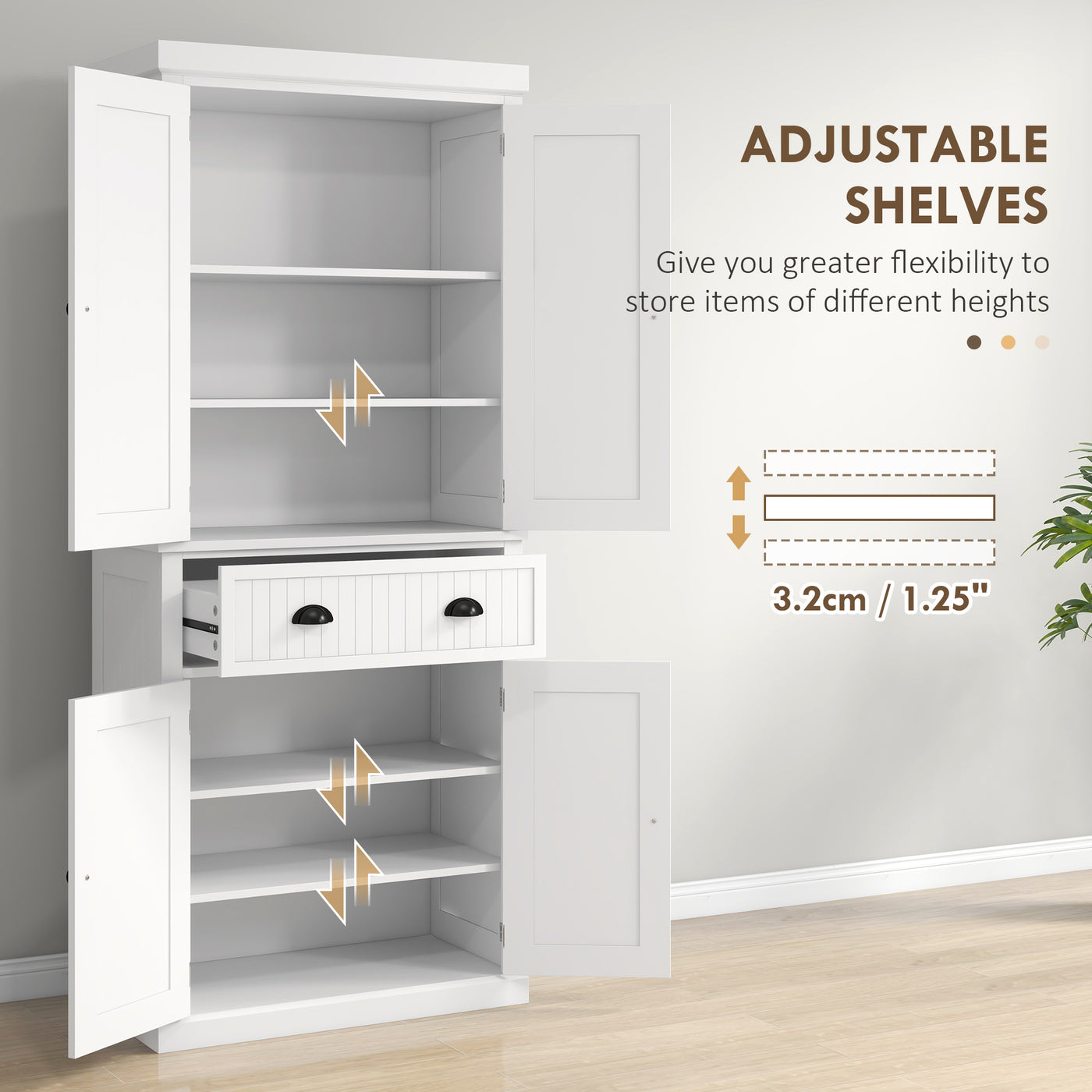 72" Kitchen Pantry, Freestanding Storage Cabinet with Adjustable Shelves, Drawer, Doors, Anti-tip Design, White