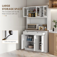 71" Pantry Cabinet with Microwave Space, Kitchen Cabinet with Hutch, 2 Drawers, Adjustable Shelves, Glass Doors, White