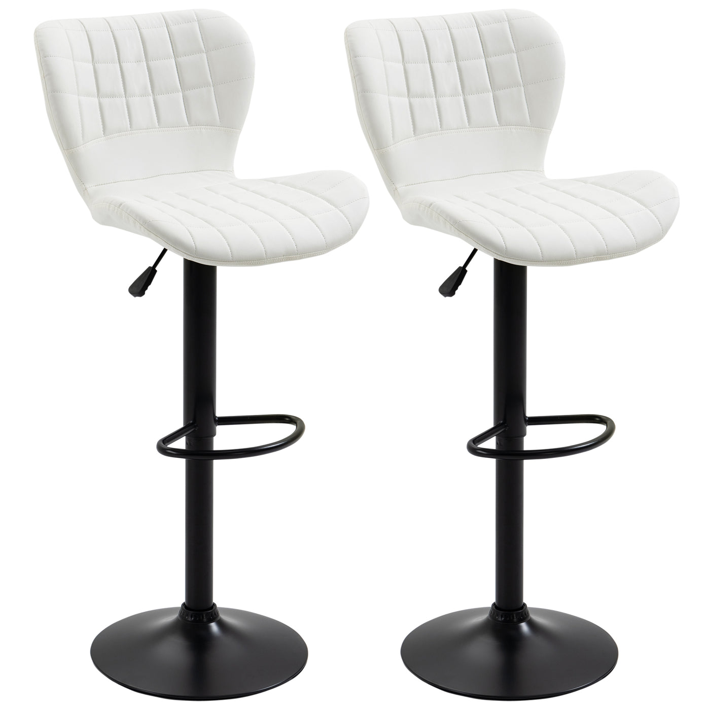 Bar Stools Set of 2 Adjustable Height Swivel Bar Chairs in PU Leather with Backrest & Footrest, White