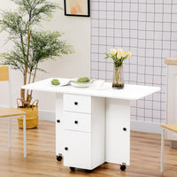 Foldable Dining Table, Rolling Kitchen Table with Storage Drawers and Cabinet, Drop Leaf Table on Wheels, White