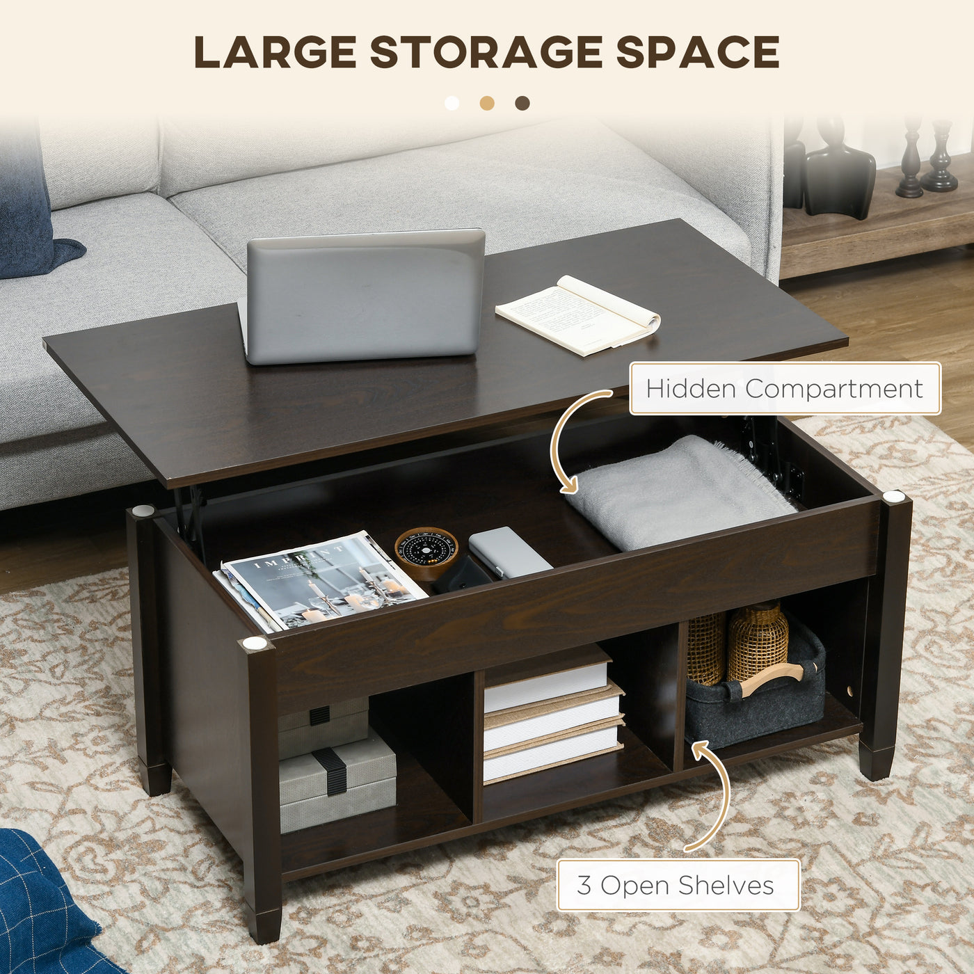 Lift Top Coffee Table, Modern Center Table with Storage Shelves and Hidden Compartment for Living Room, 41" L, Espresso