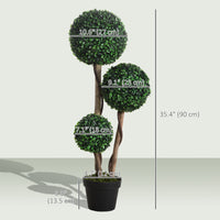 35 Inch Potted Fake Plant, Artificial Boxwood Topiary Tree, Triple Ball Tree for Indoor and Outdoor, Dark Green