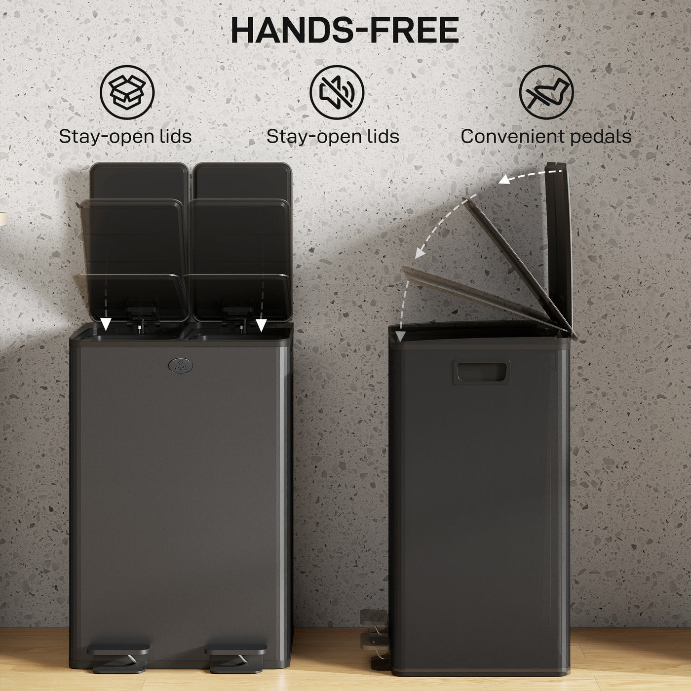 Garbage Bin, Soft-Close Trash Can with Foot Pedal, 2x7.4 Gal (2x28 L) Garbage Can with Removable Inner Buckets, SBlack