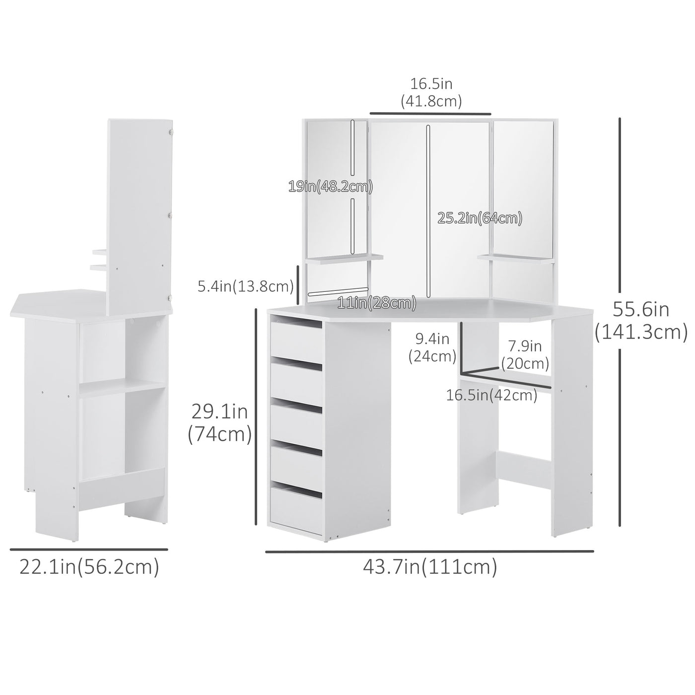 Corner Dressing Table, Makeup Desk with 3-piece Mirror and 5 Drawers, White