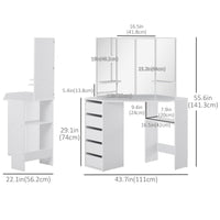 Corner Dressing Table, Makeup Desk with 3-piece Mirror and 5 Drawers, White