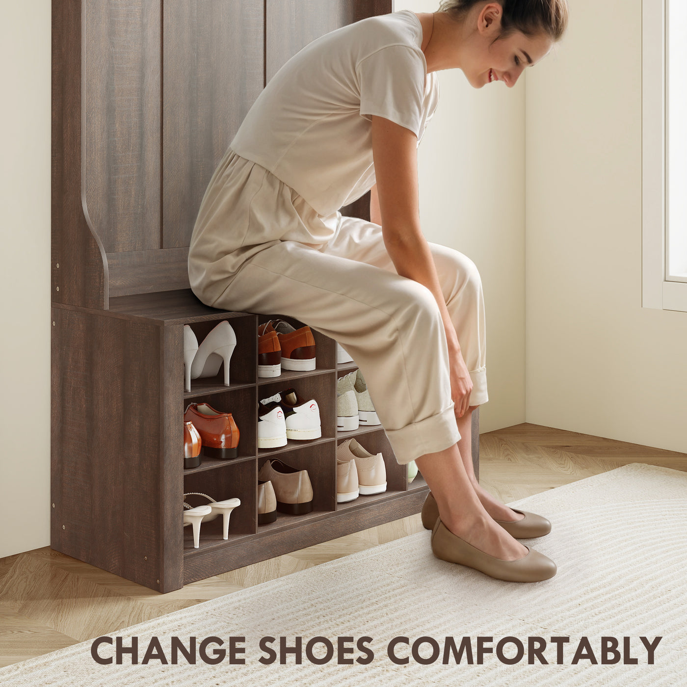 4-In-1 Hall Tree with Bench and Shoe Storage, Farmhouse Coat Rack Shoe Bench with 12 Shoe Cubbies, 6 Hooks, Dark Brown