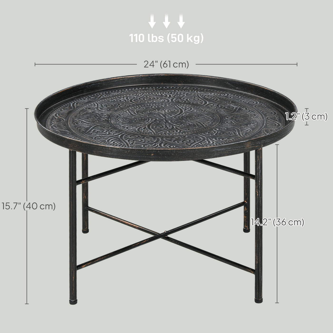 Vintage Coffee Table for Living Room, 24" Round Center Table with Hammered Tray Top and Metal Frame, Pewter