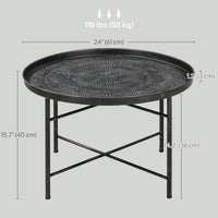 Vintage Coffee Table for Living Room, 24" Round Center Table with Hammered Tray Top and Metal Frame, Pewter