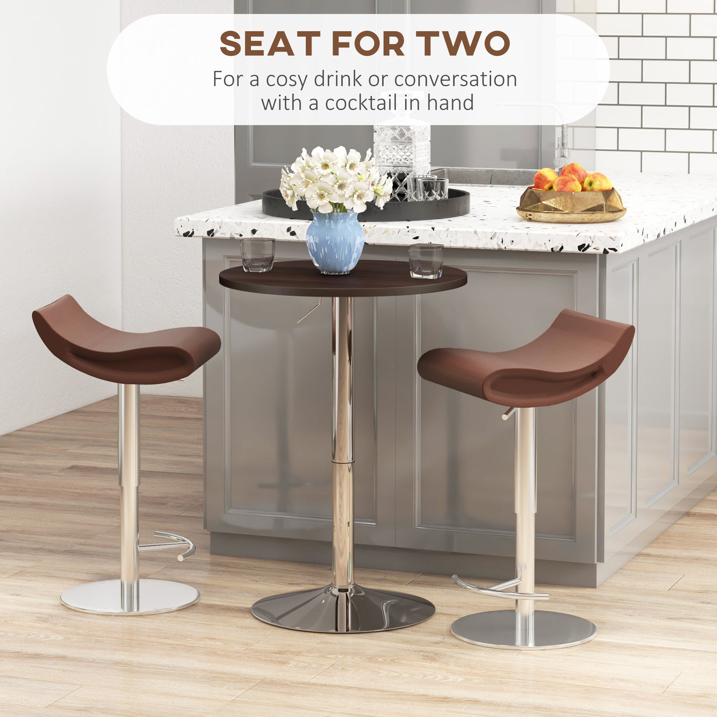 High Top Bar Table, Adjustable Round Kitchen Table with Swivel Top and Steel Base, Bistro Table for 2 People, Walnut