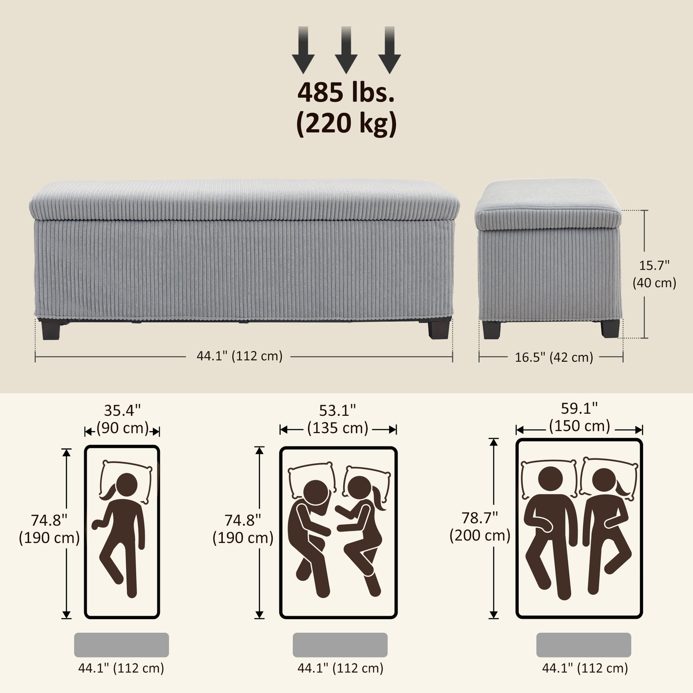44 Inches Ottoman with Storage, Lid, Legs, Corduroy End of Bed Bench for Living Room, Bedroom, Entryway, Light Grey