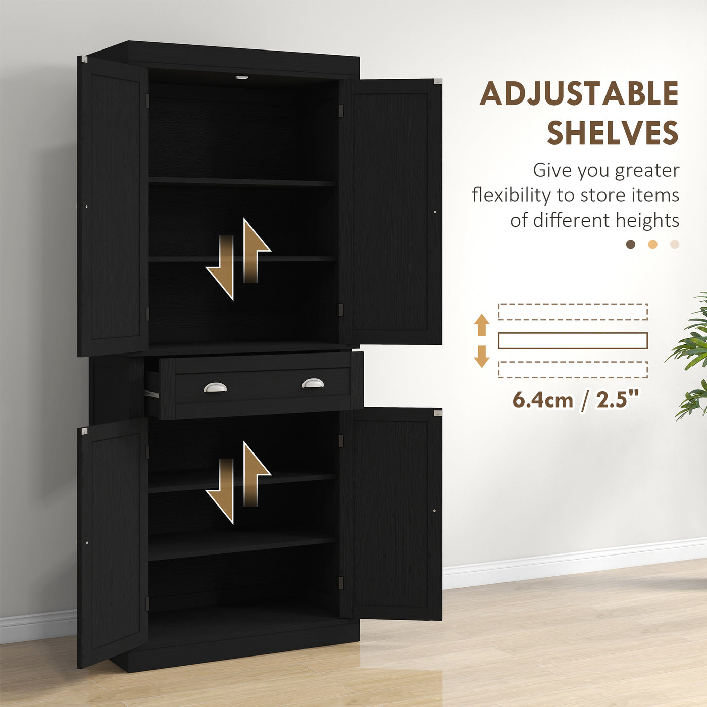 72" Tall Pantry Cabinet, Kitchen Storage Cabinet with 4 Doors, Drawer and 2 Adjustable Shelves, Black Wood Grain