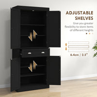 72" Tall Pantry Cabinet, Kitchen Storage Cabinet with 4 Doors, Drawer and 2 Adjustable Shelves, Black Wood Grain