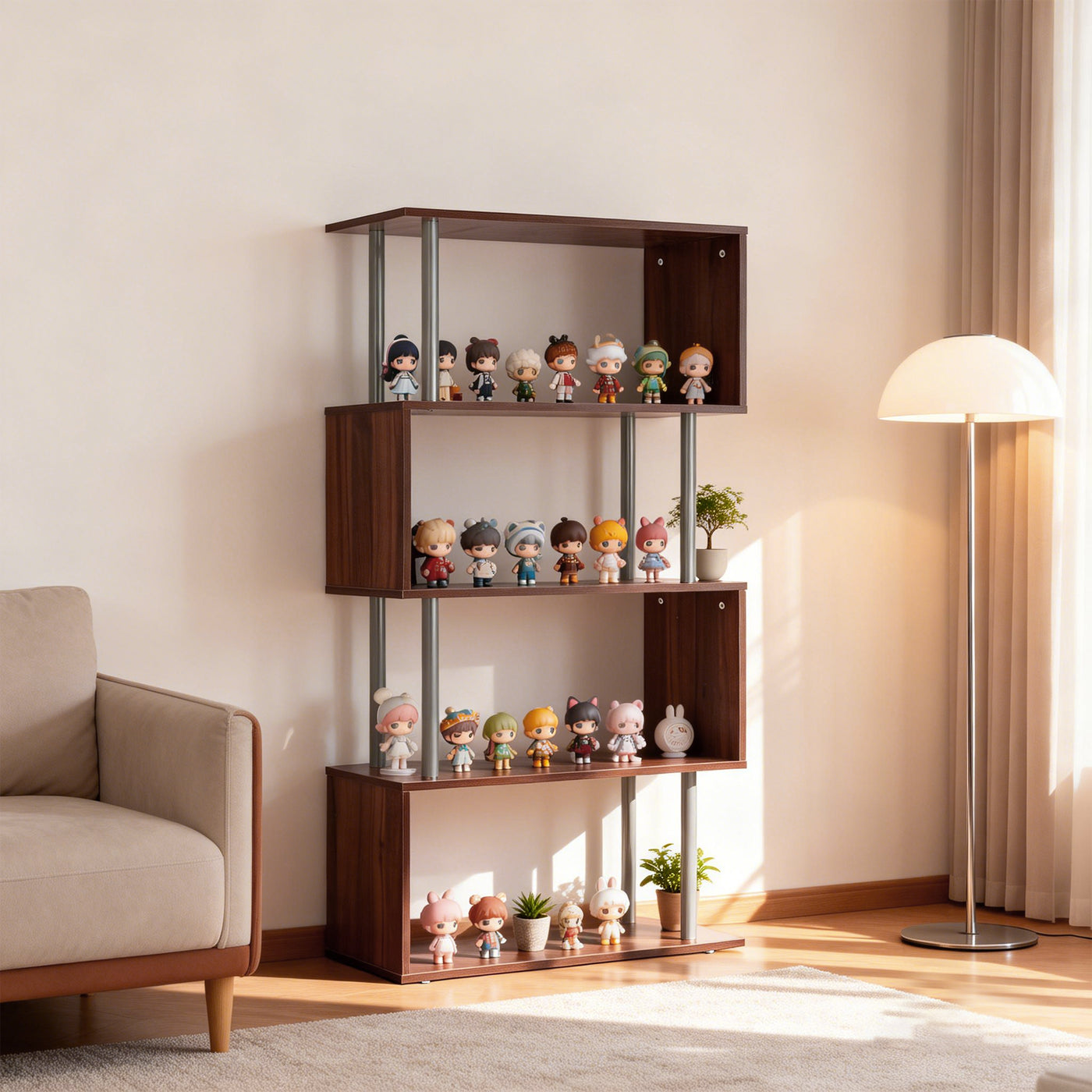 5-Tiers Geometric Wooden Bookcase S-Shaped Storage Bookshelf Display with Metal Frame for Living Room, Bedroom, Home Office, Walnut