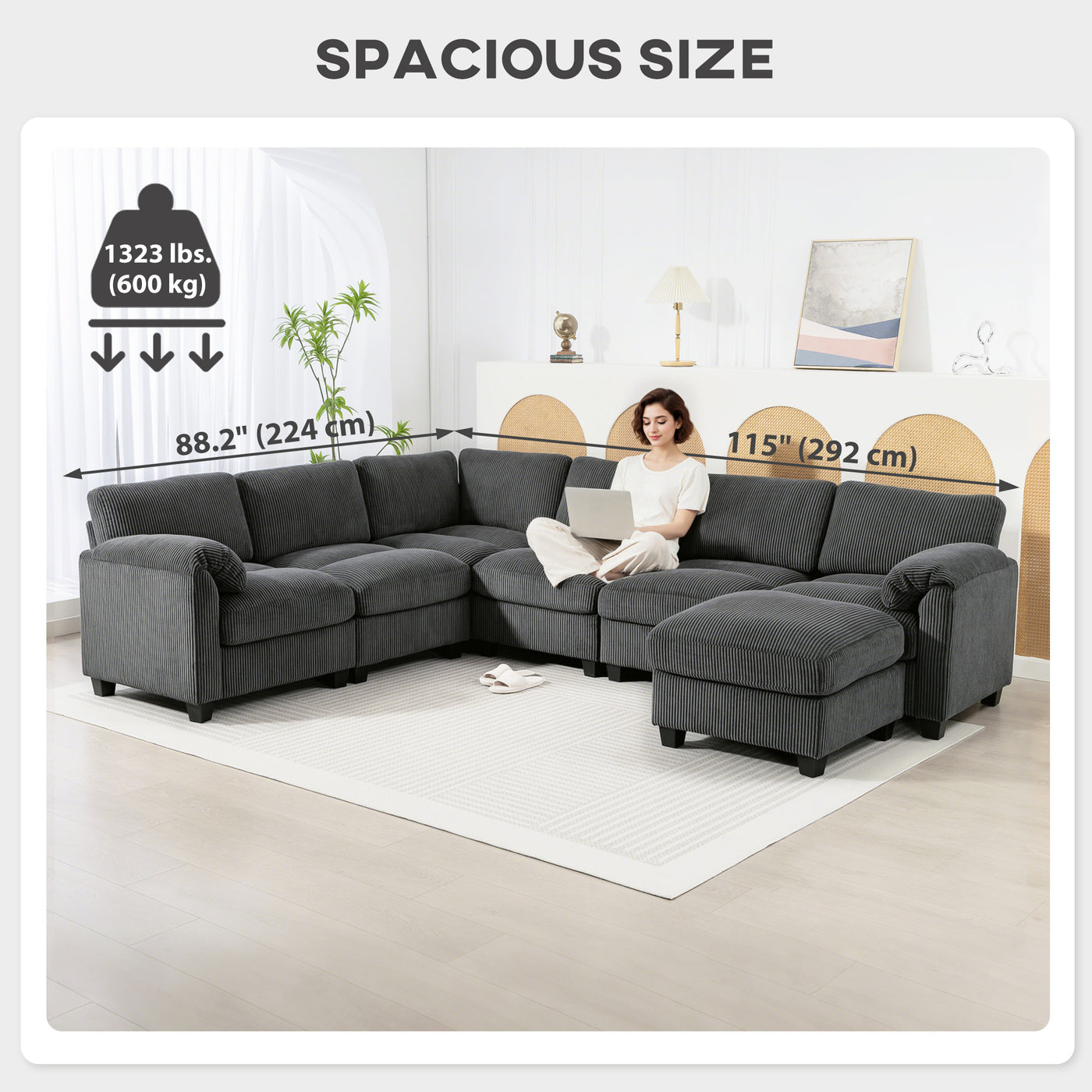 Modular Sectional Sofa, Oversized U-Shaped Couch with Spring Cushion, Corduroy Sofa for Living Room, Charcoal Grey