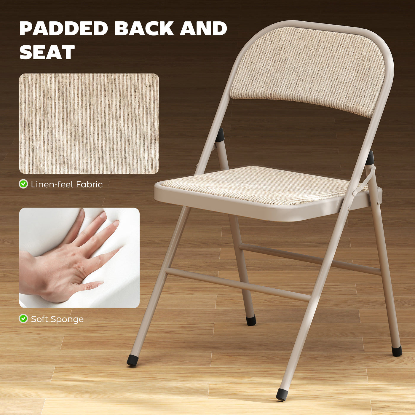 Set of 2 Metal Foldable Chairs, Faux Linen Padded Folding Chairs with Cushion Seat and Open Back for Indoor, Beige
