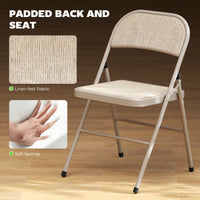 Set of 2 Metal Foldable Chairs, Faux Linen Padded Folding Chairs with Cushion Seat and Open Back for Indoor, Beige