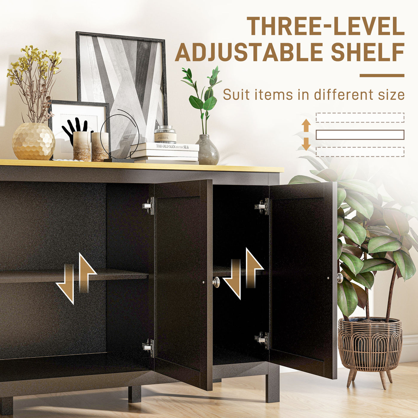 Sideboard, Buffet Cabinet with Doors and Adjustable Shelves for Living Room, Entryway, Black and Natural