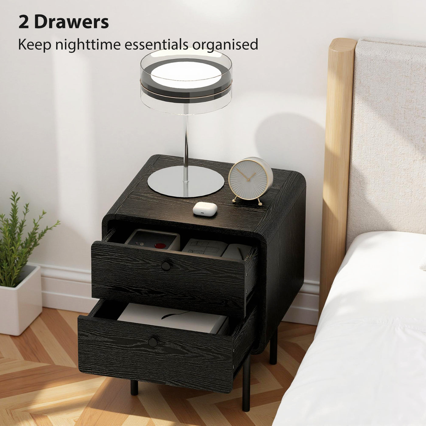 Modern Bedside Tables Set of 2, 2 Pieces Nightstands with 2 Storage Drawers and Steel Legs for Bedroom, Black Wood Grain