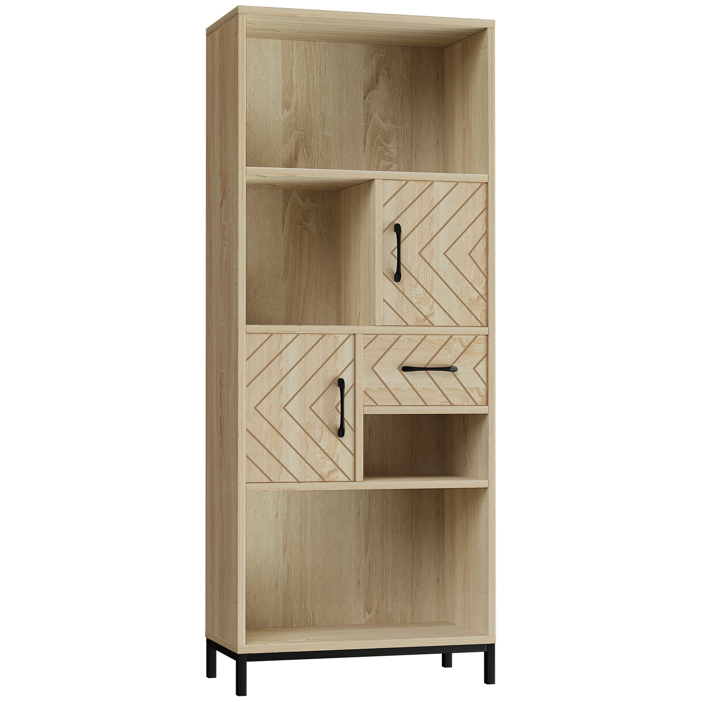 59" Bookcase, Storage Bookshelf with Cabinets, Drawer and Open Compartments, Freestanding Display Shelves for Home Office, Living Room, Study, Nature Wood
