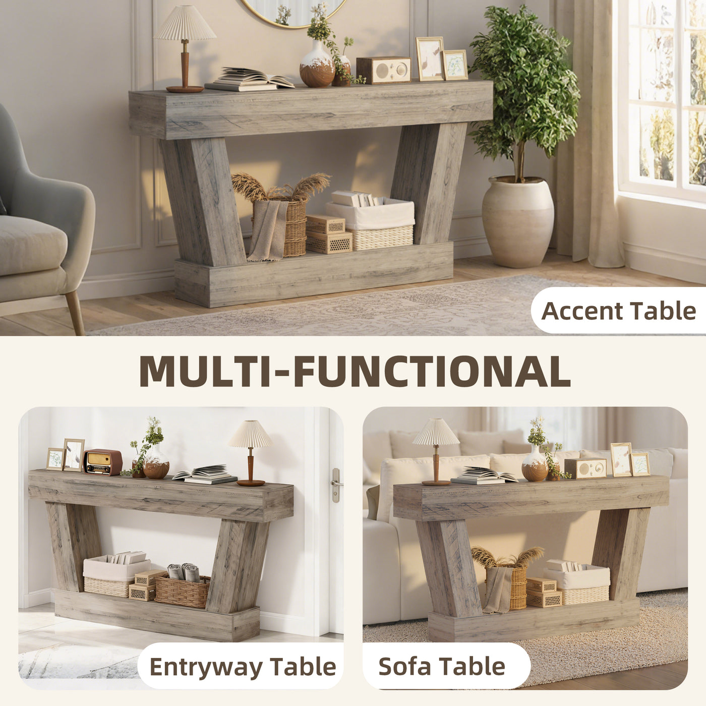63 Inch Vintage Console Table, Narrow Entryway Table with Open Shelf for Living Room, Light Brown