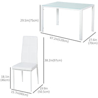 5-Piece Rectangular Glass Kitchen Table and Chairs with Metal Frame and Faux Leather Upholstery for Dining Room, White