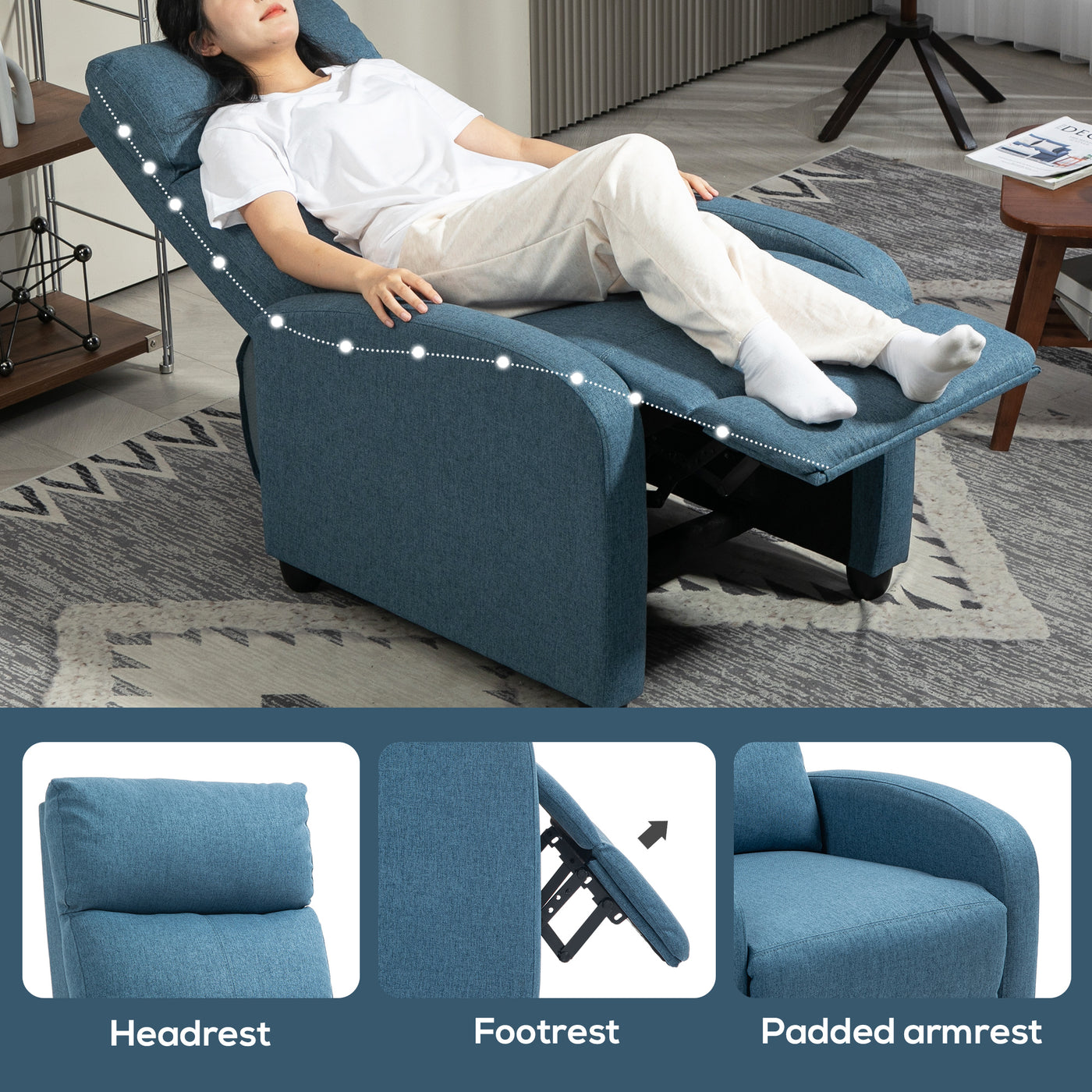 Fabric Recliner Chair Manual Home Theater Seating Single Reclining Sofa Chair with Padded Seat for Living Room, Blue