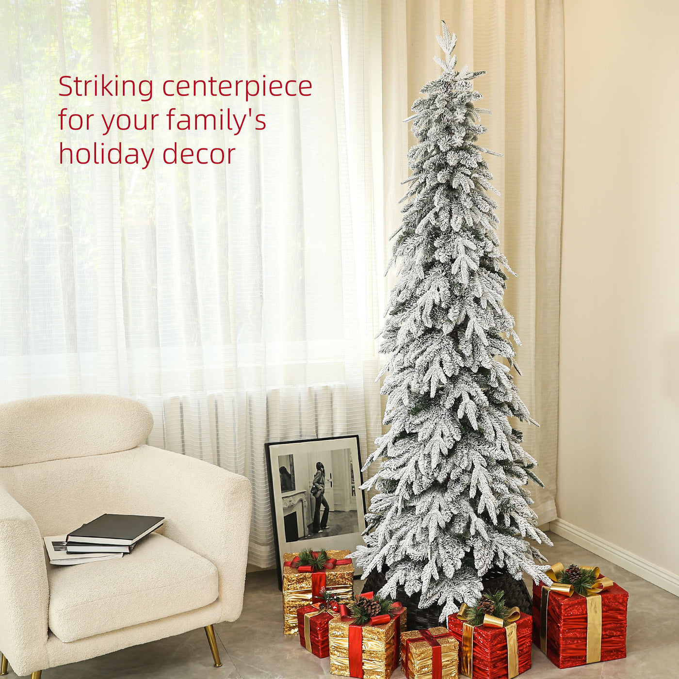 7ft Pencil Flocked Artificial Christmas Tree with 800 Branch Tips, Auto Open and Steel Base, Green