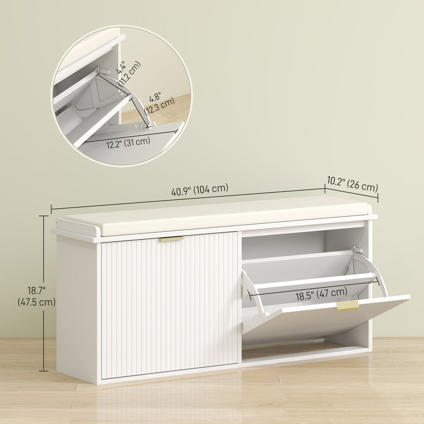 Entryway Bench with Padded Seat and Flip-Drawers, Holds up to 529lbs, Shoe Storage Bench for 10 Pairs of Shoes, White