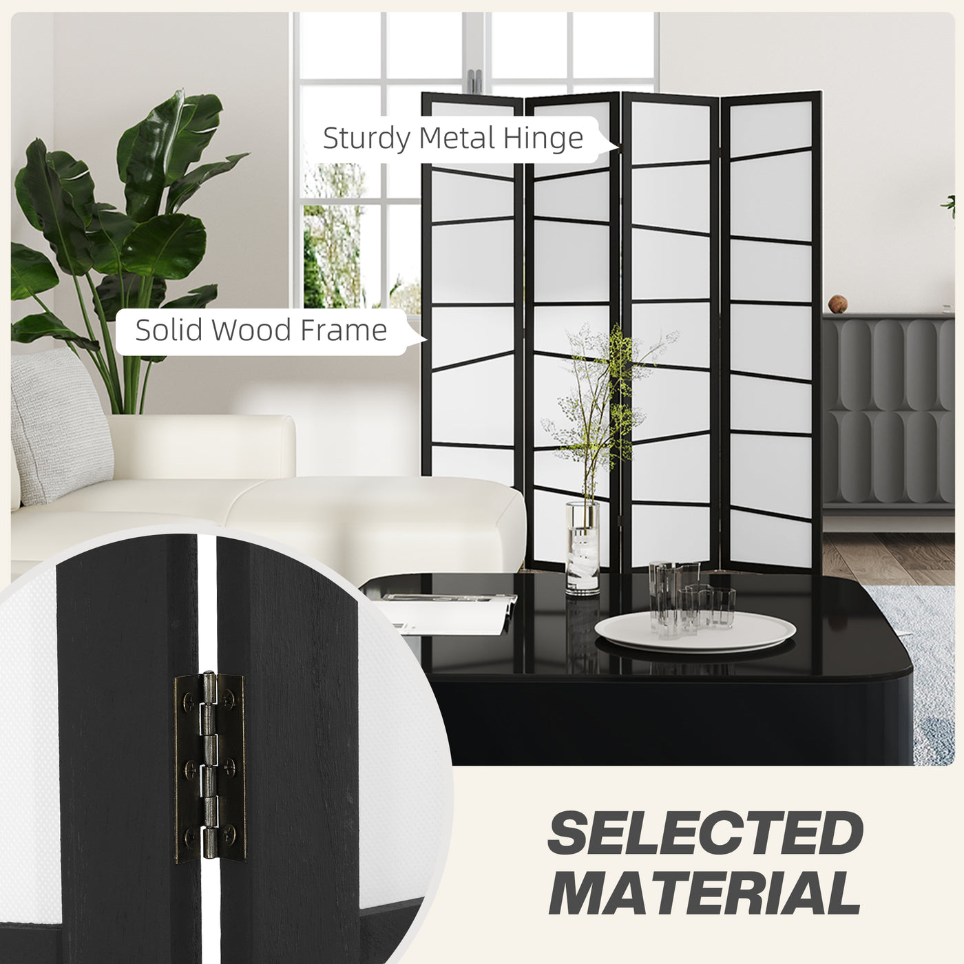5.6ft Folding Room Divider, 4 Panel Wall Partition with Wood Frame for Bedroom, Home Office, White
