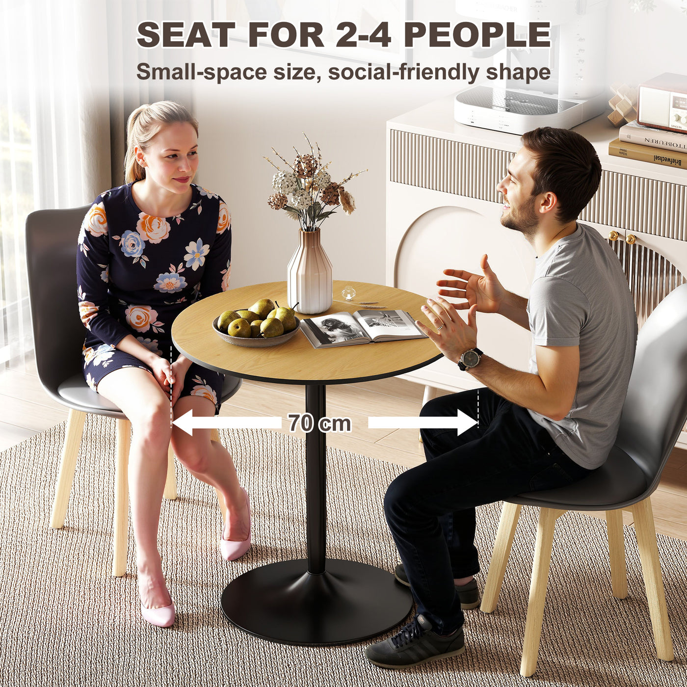 27.6" Round Kitchen Table for 2, Modern Small Dining Table with Wood Veneer, Steel Base for Dining Room, Natural