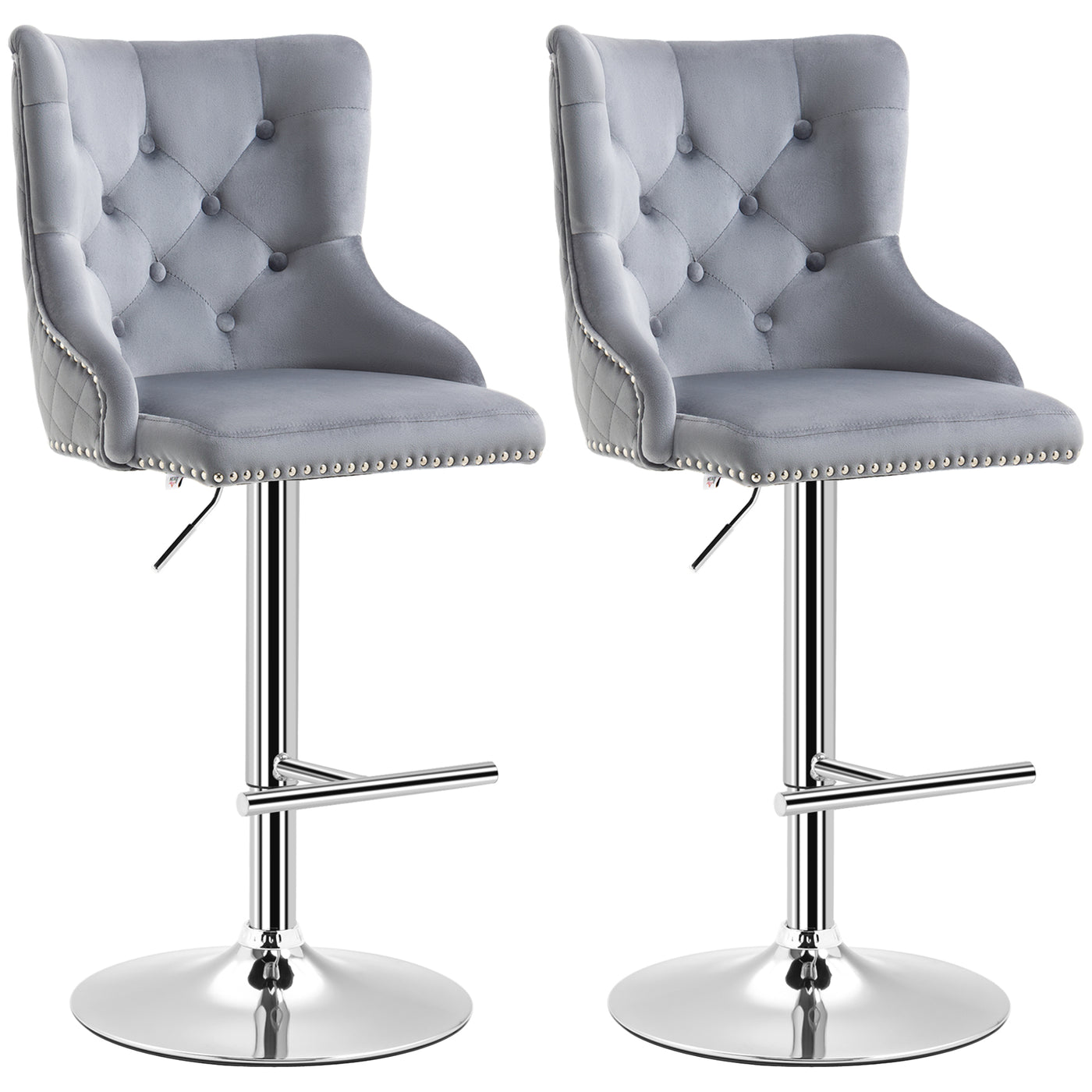 Modern Adjustable Bar Stools Set of 2, Swivel Velvet Barstools, Counter Height Bar Chairs with Button Tufted Back, Footrest, Nailhead Trim for Home Bar, Grey